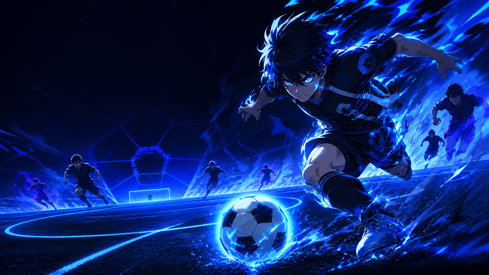 Electric blue anime soccer action scene inspired by Blue Lock: Rivals